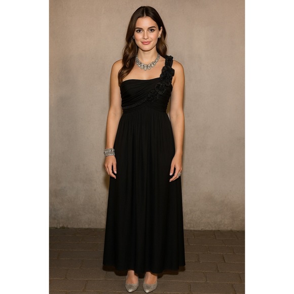 Vintage 90s Y2K Sz 9 Black One Shoulder Maxi Dress Chiffon Whimsigoth Witch Prom - Picture 1 of 10